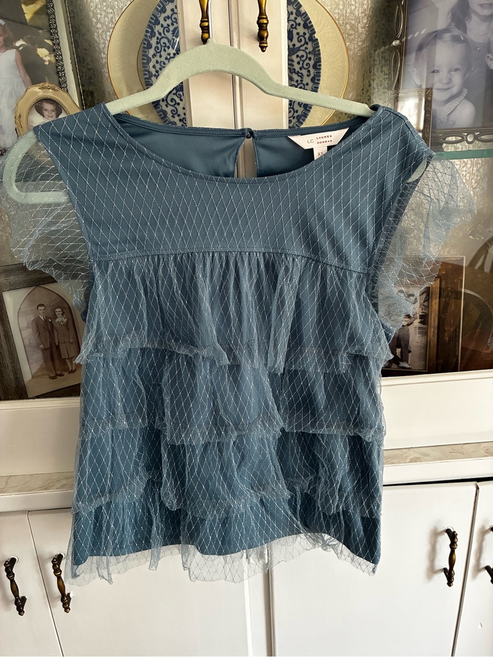 LC Lauren Conrad Blue Shimmery Tiered Ruffle Women's Blouse XS